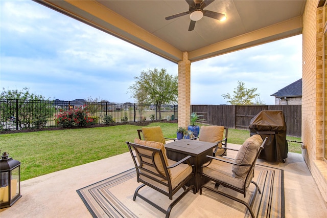 view of patio / terrace with a grill, outdoor dining area, a fenced backyard, and ceiling fan