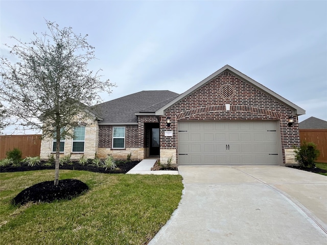 view of front of home with a front yard, concrete driveway, fence, an attached garage, and a shingled roof