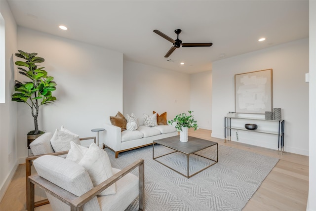 2113 Huldy St, Houston, TX 77019 - living room featuring a ceiling fan, wood finished floors, recessed lighting, and baseboards