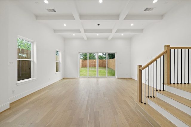 811 W 18th St, Houston, TX 77008 - unfurnished living room with beam ceiling, healthy amount of natural light, recessed lighting, coffered ceiling, and light wood-style flooring