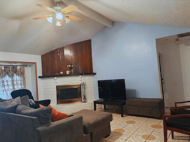 living room featuring light tile patterned floors, a textured ceiling, visible vents, a ceiling fan, and vaulted ceiling with beams