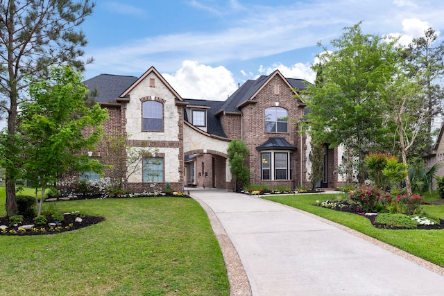 46 Cove View Trail Ct, The Woodlands, TX 77389 - french country inspired facade with brick siding, a front yard, roof with shingles, and concrete driveway