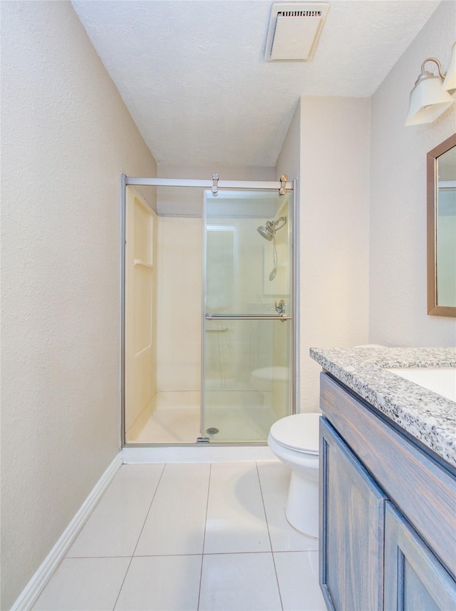 bathroom featuring a shower stall, tile patterned floors, visible vents, toilet, and vanity