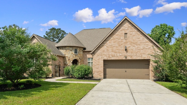 114 Pacific Grove Dr, Montgomery, TX 77316 - french country home featuring an attached garage, concrete driveway, a front lawn, and brick siding