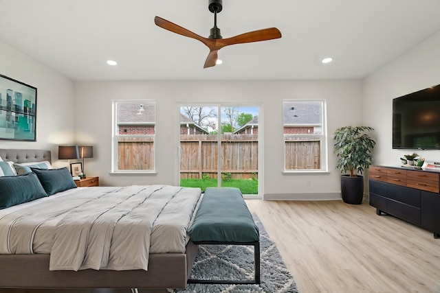 1009 Genova St, Houston, TX 77009 - bedroom featuring light wood finished floors, recessed lighting, access to exterior, ceiling fan, and baseboards