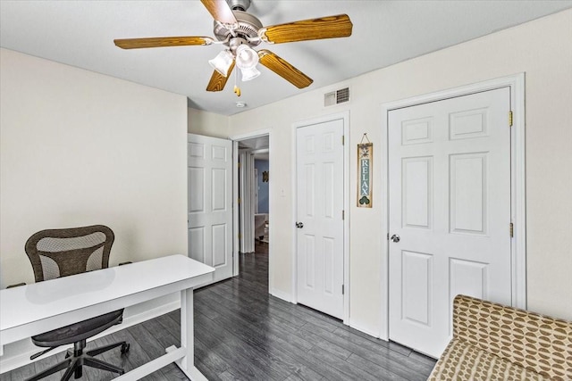 215 Postoffice St Unit 1004, Galveston, TX 77550 - office space featuring a ceiling fan, visible vents, baseboards, and dark wood finished floors