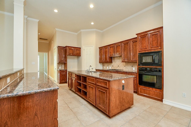 4306 Moss Lake Ct, Richmond, TX 77406 - kitchen featuring black appliances, a sink, dark stone countertops, tasteful backsplash, and crown molding