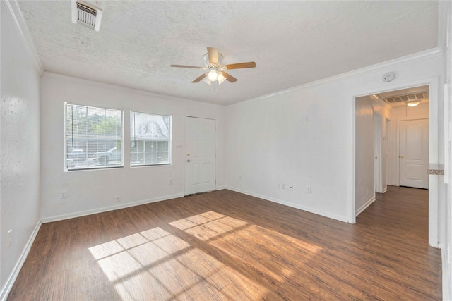 10522 Fairland Dr, Houston, TX 77051 - spare room with a textured ceiling, visible vents, crown molding, ceiling fan, and wood finished floors