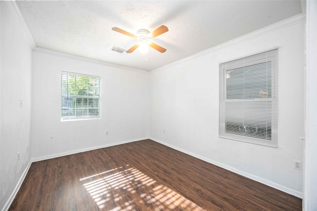 10522 Fairland Dr, Houston, TX 77051 - unfurnished room featuring a textured ceiling, baseboards, ornamental molding, a ceiling fan, and dark wood-type flooring
