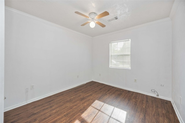 10522 Fairland Dr, Houston, TX 77051 - empty room featuring visible vents, baseboards, ceiling fan, ornamental molding, and dark wood-style floors