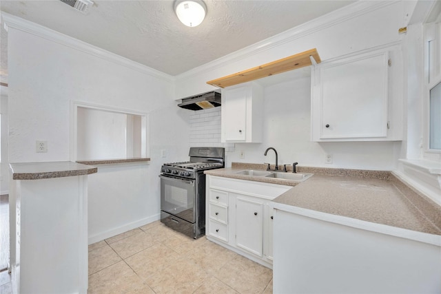 10522 Fairland Dr, Houston, TX 77051 - kitchen with black range with gas stovetop, white cabinets, a sink, and crown molding