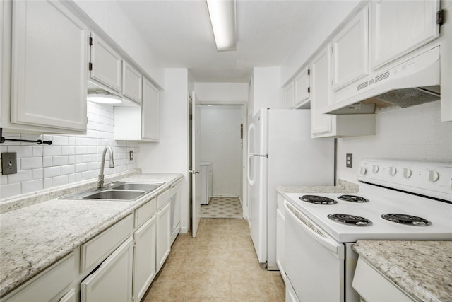 kitchen featuring a sink, white electric stove, tasteful backsplash, under cabinet range hood, and white cabinets