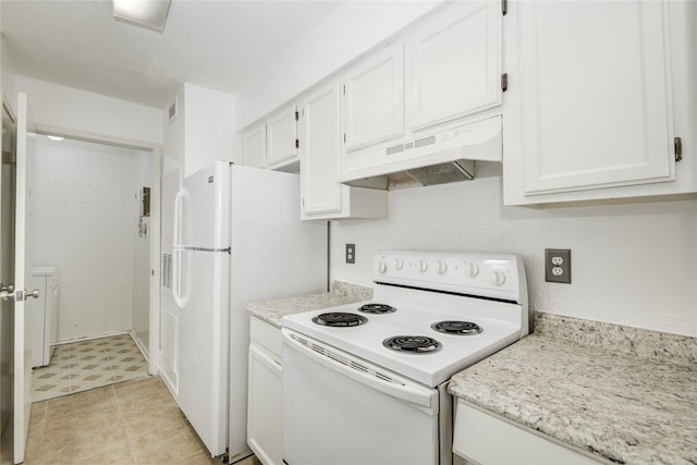 kitchen with white appliances, white cabinets, under cabinet range hood, and light stone counters