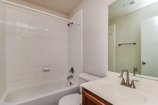 full bathroom featuring  shower combination, visible vents, toilet, and vanity