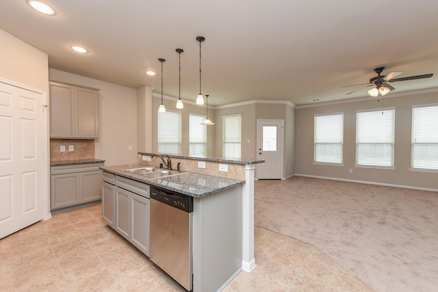 5911 Grantgrala Dr, Katy, TX 77493 - kitchen featuring a sink, light carpet, gray cabinets, and dishwasher