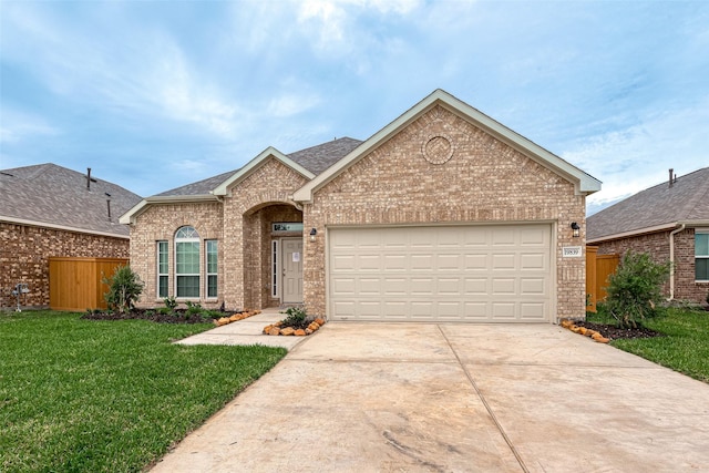 ranch-style home featuring brick siding, a front yard, driveway, and an attached garage