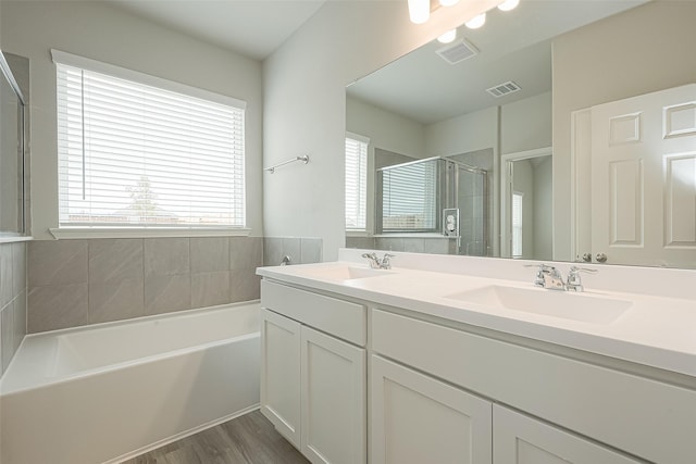 bathroom featuring a shower stall, visible vents, plenty of natural light, and a sink
