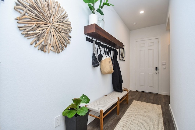mudroom featuring dark wood-type flooring, baseboards, and recessed lighting