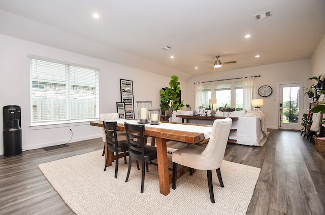 dining room featuring baseboards, visible vents, ceiling fan, recessed lighting, and dark wood-style flooring