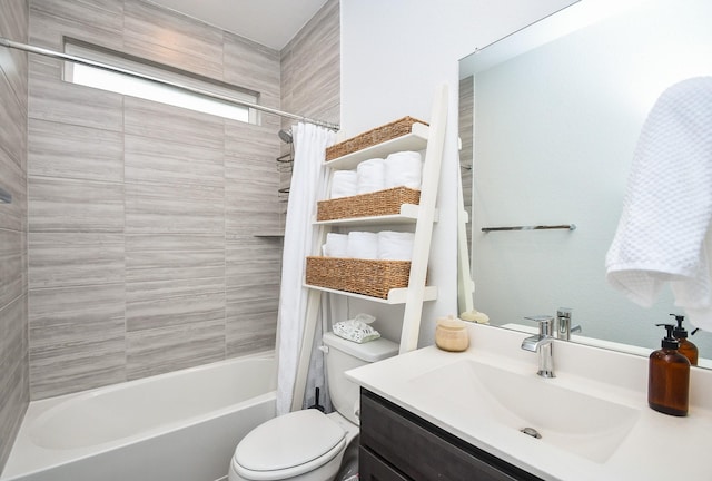 bathroom featuring toilet, shower / bathtub combination with curtain, and vanity