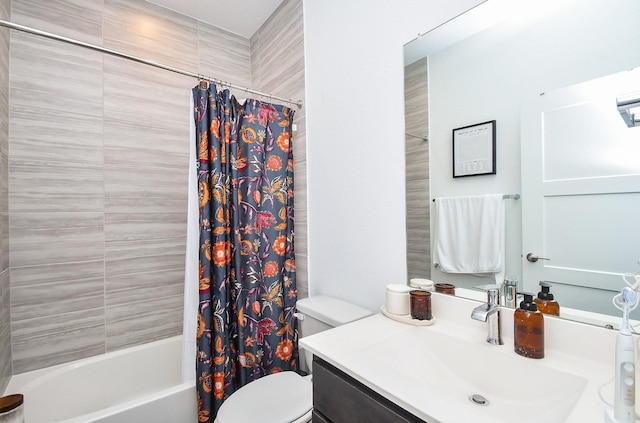 full bath with toilet, shower / bathtub combination with curtain, and vanity