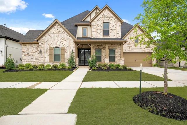 french country inspired facade featuring brick siding, driveway, a shingled roof, and a front lawn