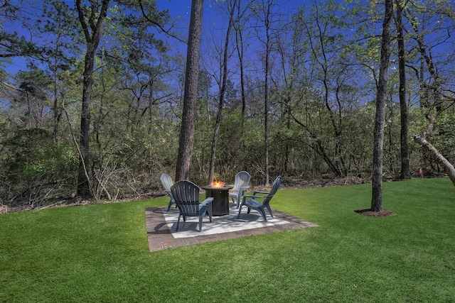 20302 Peach Dr, Huntsville, TX 77320 - view of green lawn featuring an outdoor fire pit and a patio