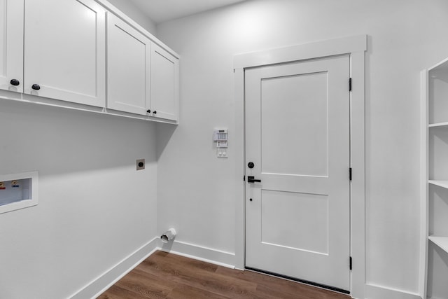 20302 Peach Dr, Huntsville, TX 77320 - laundry area with hookup for an electric dryer, cabinet space, dark wood-style floors, hookup for a washing machine, and baseboards