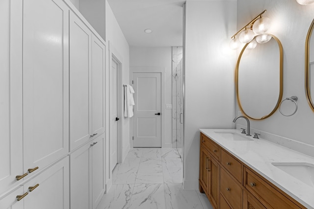 20302 Peach Dr, Huntsville, TX 77320 - bathroom with marble finish flooring, a marble finish shower, double vanity, baseboards, and recessed lighting