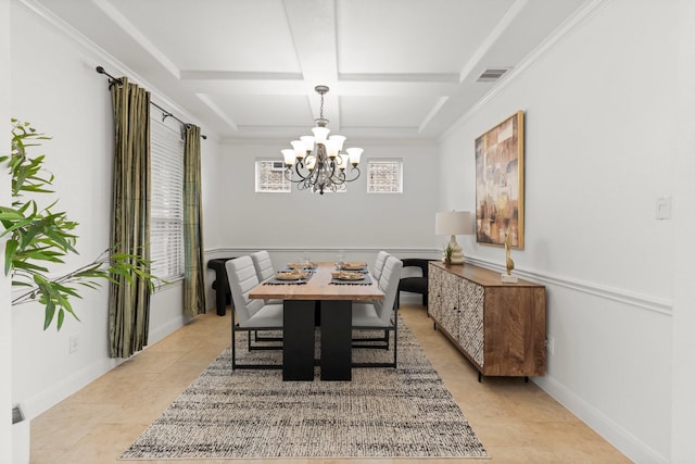 24606 Bennetts Ridge Ln, Porter, TX 77365 - dining room featuring coffered ceiling, a chandelier, light tile patterned floors, baseboards, and beam ceiling