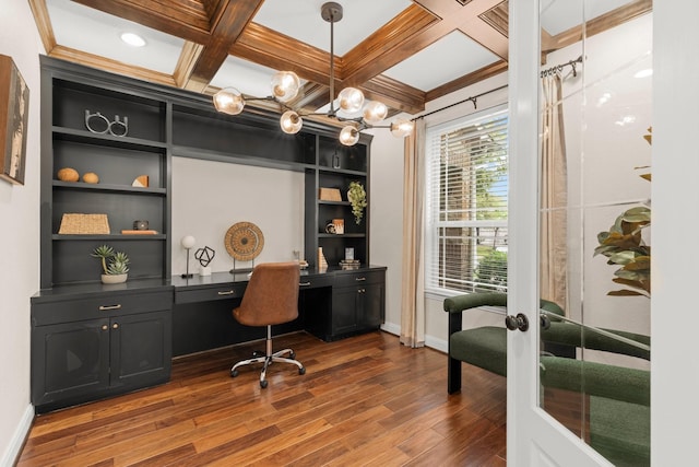 24606 Bennetts Ridge Ln, Porter, TX 77365 - office space featuring dark wood-style flooring, built in shelves, baseboards, built in study area, and beamed ceiling