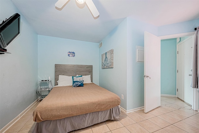 9520 Seawall Blvd Unit 126, Galveston, TX 77554 - bedroom featuring light tile patterned floors, baseboards, a ceiling fan, and visible vents