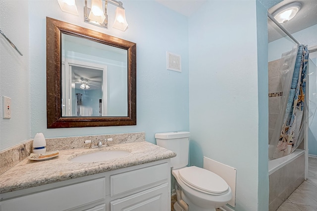 9520 Seawall Blvd Unit 126, Galveston, TX 77554 - bathroom with shower / bath combo, visible vents, toilet, vanity, and tile patterned flooring