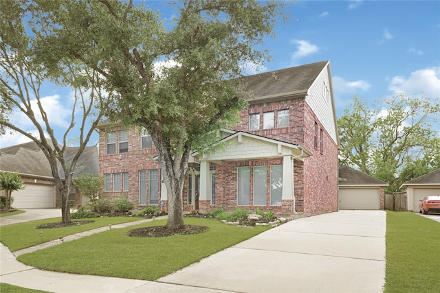 3730 Arundel Gardens Ln, Sugar Land, TX 77498 - traditional-style home with brick siding, a front yard, a detached garage, and a shingled roof