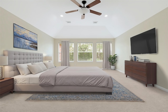 3730 Arundel Gardens Ln, Sugar Land, TX 77498 - bedroom with carpet floors, recessed lighting, baseboards, vaulted ceiling, and a ceiling fan