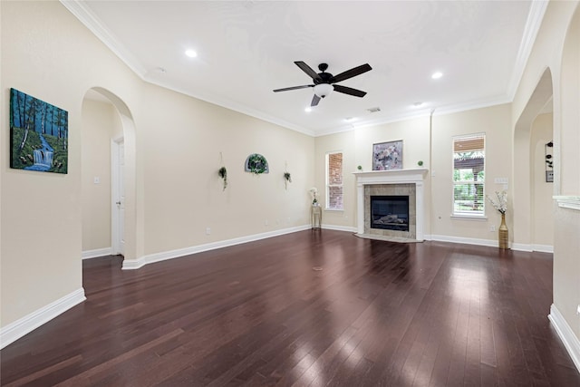 3730 Arundel Gardens Ln, Sugar Land, TX 77498 - unfurnished living room with ceiling fan, dark wood-style floors, a tile fireplace, recessed lighting, and baseboards