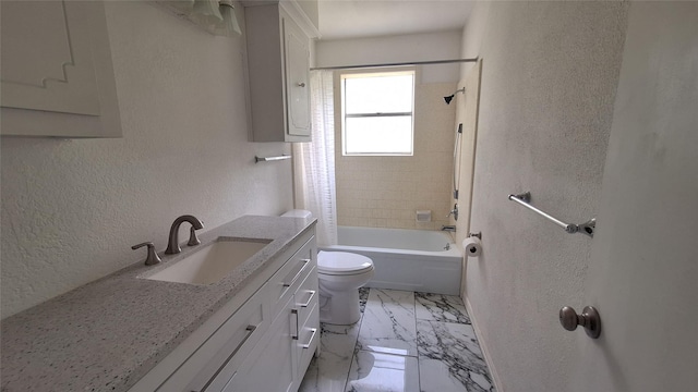 full bath featuring vanity, shower / bath combo with shower curtain, toilet, marble finish floor, and a textured wall