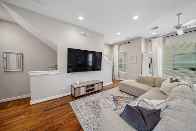 living room with recessed lighting, baseboards, a ceiling fan, and dark wood finished floors