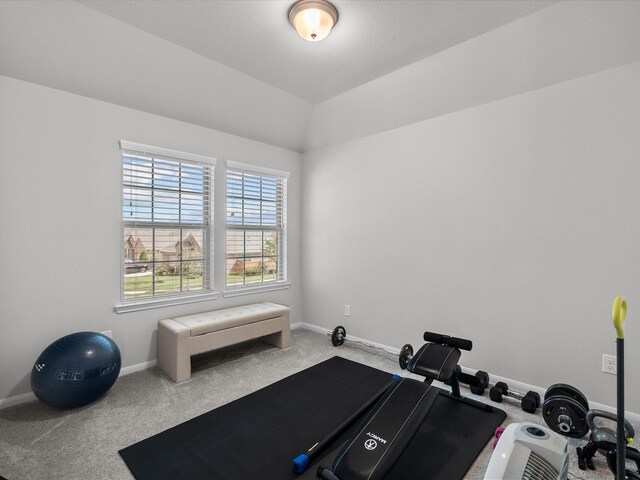 2712 Ahnya Ln, League City, TX 77573 - workout area featuring baseboards, lofted ceiling, and carpet floors