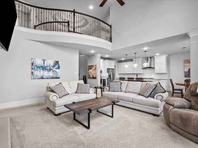 2712 Ahnya Ln, League City, TX 77573 - living area with recessed lighting, light carpet, baseboards, and ceiling fan