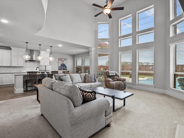 2712 Ahnya Ln, League City, TX 77573 - living room featuring ornate columns, a wealth of natural light, a ceiling fan, and light carpet