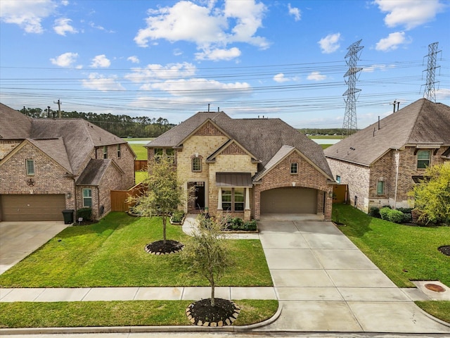 2712 Ahnya Ln, League City, TX 77573 - french country style house featuring concrete driveway, an attached garage, brick siding, a front lawn, and a shingled roof