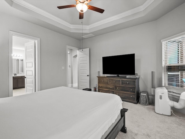 2712 Ahnya Ln, League City, TX 77573 - bedroom with ensuite bathroom, a tray ceiling, ornamental molding, and light colored carpet