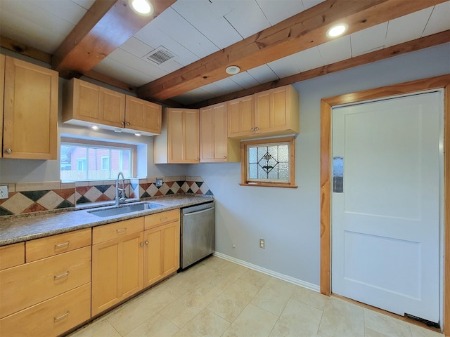 810 E 28th St, Houston, TX 77009 - kitchen with a sink, beam ceiling, light brown cabinets, stainless steel dishwasher, and visible vents