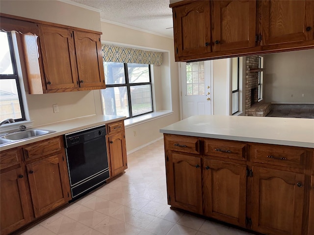 kitchen with a sink, brown cabinetry, dishwasher, light countertops, and ornamental molding