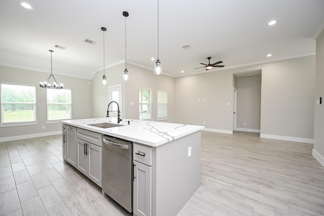 635 Lily St, Prairie View, TX 77484 - kitchen featuring stainless steel dishwasher, crown molding, ceiling fan, light stone counters, and open floor plan
