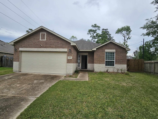 1710 Penina Dr, Crosby, TX 77532 - ranch-style house featuring fence, concrete driveway, an attached garage, brick siding, and a front yard