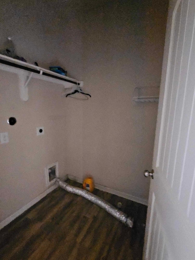 1710 Penina Dr, Crosby, TX 77532 - washroom featuring dark wood-type flooring, baseboards, laundry area, and hookup for an electric dryer