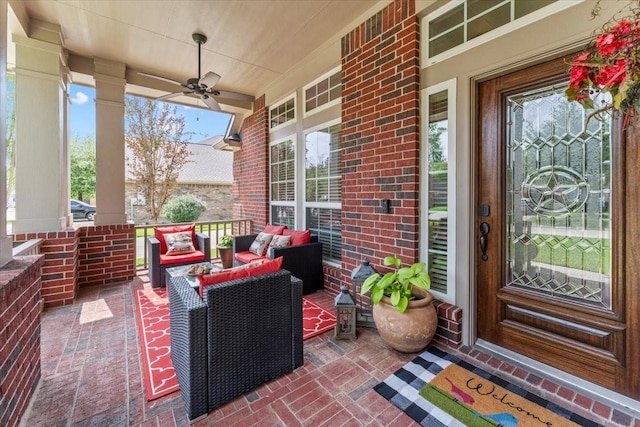 2052 Doolan Dr, Conroe, TX 77301 - view of patio / terrace featuring ceiling fan, covered porch, and an outdoor hangout area