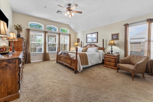 2052 Doolan Dr, Conroe, TX 77301 - bedroom featuring light carpet, vaulted ceiling, baseboards, and ceiling fan